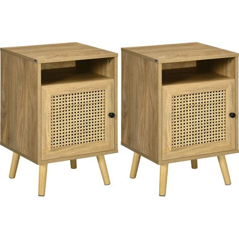Table de nuit vintage avec placard, porte cannage et niche, design rétro, 39x35x60 cm, teinte naturelle (1/5)