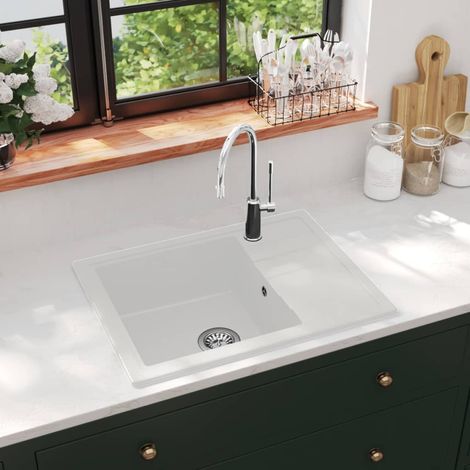Chic Évier, Evier 1 bac,Lavabo de Cuisine avec trou de trop-plein ovale Blanc Granit -49646 (1/5)