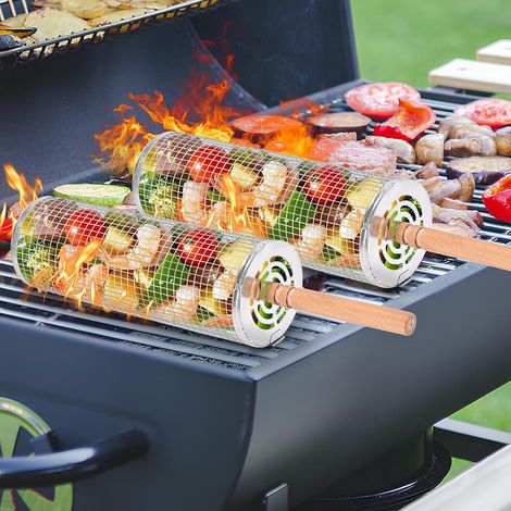 2 Stuks Cilindrische RVS Barbecue Winkels, Draagbaar met Houten Handgrepen (1/5)