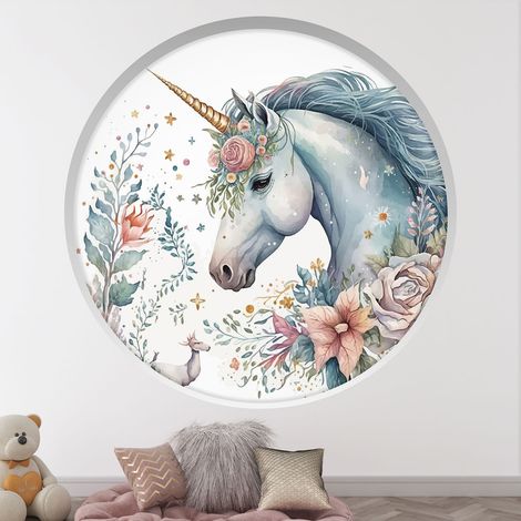 Stickers Trompe l'oeil Arche ronde Enfants - Licorne fleurs - Diamètre 30 cm (1/4)