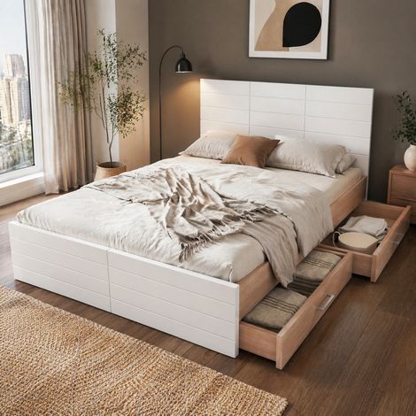 Lit avec tiroirs 180x200 en bois blanc et chêne HAVRYA (1/5)