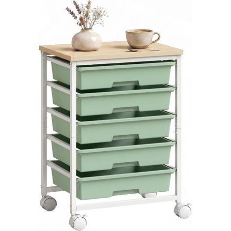 HOMCOM 6-Tier Storage Trolley on Wheels with 5 Pull-Out Drawers, Green (1/5)
