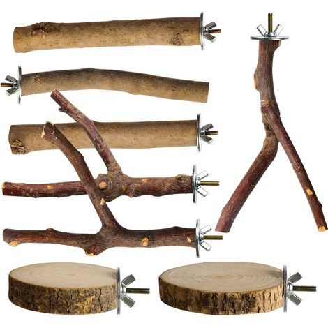 Perchoir pour Oiseaux en Bois Naturel, Lot de 7 Accessoires pour Cage, Plateforme et Branches à Griffer pour Perroquets