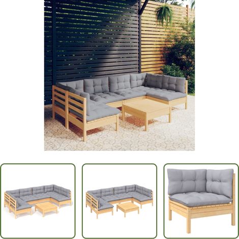 Terrassensofa - 7-tlg. Garten-Lounge-Set mit Grauen Kissen Kiefer Massivholz (1/5)
