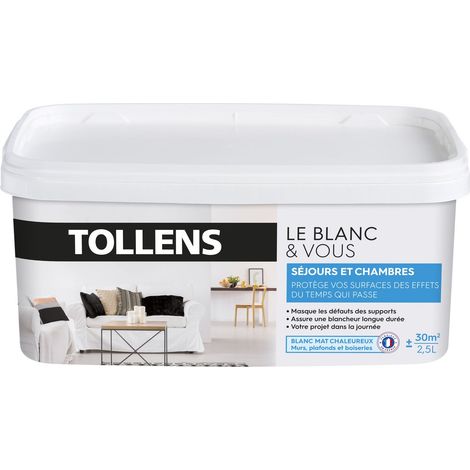 Tollens – Peinture blanche mate 2,5L – Opacité renforcée pour murs et plafonds – Séchage rapide en 1H – Rendement 30m² (1/5)