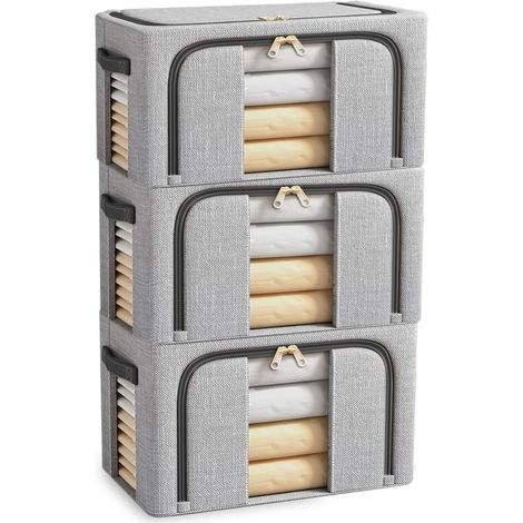 Lot de 3 Sacs de Rangement Vetement 24L, Cadre Métallique Pliable, Rangement pour Vêtements et Penderies, Boite Rangement Anti-Humidité pour Édredons, Couvertures & Jouets - Gris (S) (1/5)