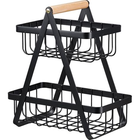 GASPER Metall Korb 2-Lagen m. Holzgriff KITTIE 27x15x30 cm schwarz