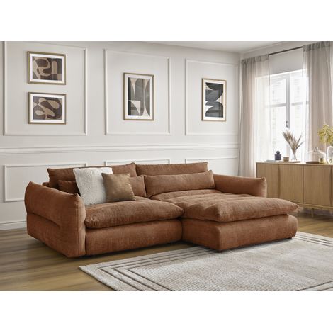 Bobochic – Canapé d'angle fixe 3 places – Tissu texturé orange – Longueur 276 cm – Largeur 140 cm – Hauteur 86 cm – Confort moelleux (1/5)