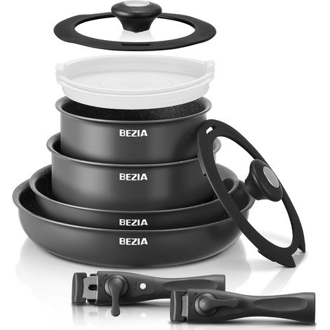 Induction Cookware, 10 Piece Set of Saucepans and Pans Non-stick Coating PFOA Free, Non-Toxic, Induction Friendly, Removable Handles, Stackable, Camping (1/5)