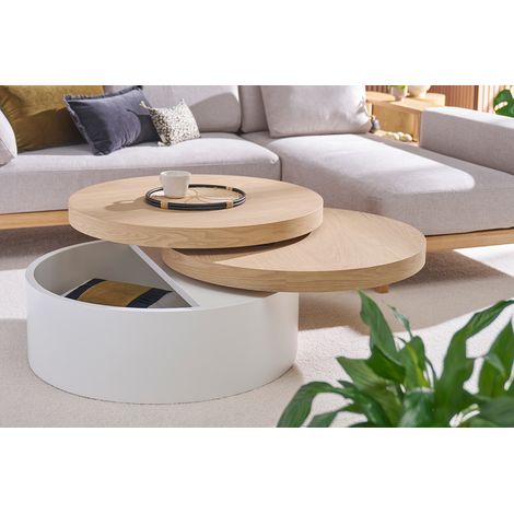Couchtisch mit drehbaren Tischplatten und Staufläche Weiß und Holz ICON