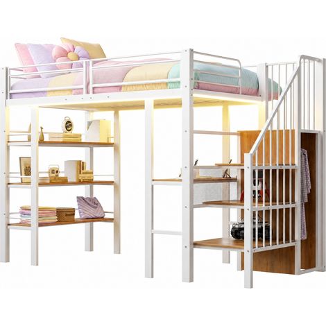 Lit mezzanine 90 x 200 avec LED, prise, bureau, étagère 3 niveaux et échelle réversible, structure métal blanc - CHICFURN (1/5)