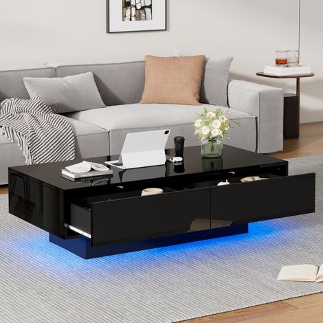 Tavolino da caffè 115x55x34 cm, 2 Cassetti, LED Integrata, Piano Lucido, Pannello di Truciolare Nero, per Soggiorno (1/4)