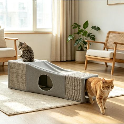 Tunnel de jeu pour chat 98x30x30 cm en sisal gris, avec niches, pour intérieur – MEUBLIV (1/5)
