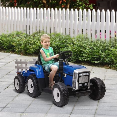 Trattore elettrico per bambini con rimorchio, telecomando, fari, 3-6 km/h, blu OKMYHOME (1/5)