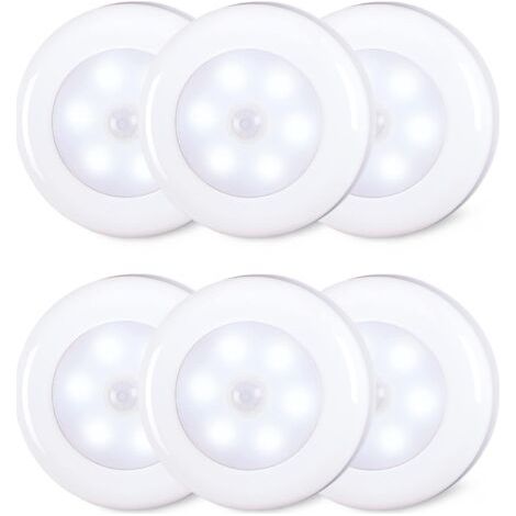 Lot de 6 lampes LED d'intérieur à détecteur de mouvement de 8 cm, alimentées par piles AAA, à coller pour escaliers, sous les armoires, placards, blanc froid (1/4)