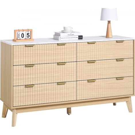 Commode à 6 tiroirs, meuble de rangement en bois avec système coulissant et anti-basculement, style minimaliste moderne, organisateur cannelé pour salon, couloir, chambre, entrée, bois clair (1/3)