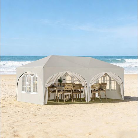 Tente de jardin pliante 3x6 m beige, 6 parois, hauteur réglable, imperméable, anti-UV, avec sac (1/5)