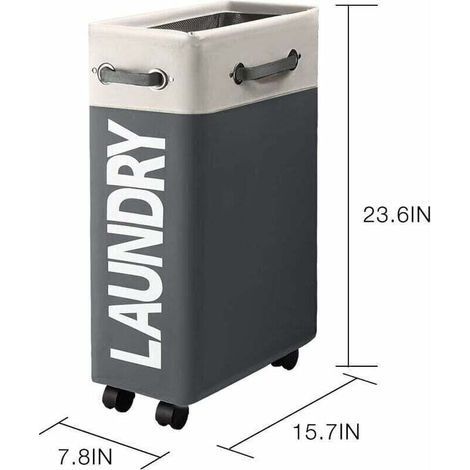 Schmaler, faltbarer Wäschekorb (45 l) mit 4 Rollen, rechteckig, zur Aufbewahrung von Kleidung, für Zuhause, Weiß/Dunkelgrau (1/3)