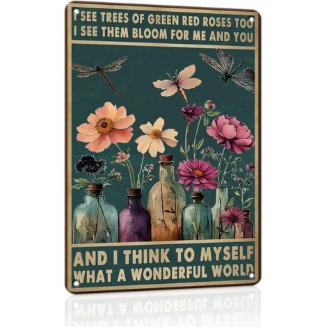 Plaques en étain vintage "Quel monde merveilleux", Art mural hippie boho, Décoration murale de libellule, Cadeaux d'encouragement pour les femmes, pour la maison, la cuisine, le salon 20x30 cm (1/5)