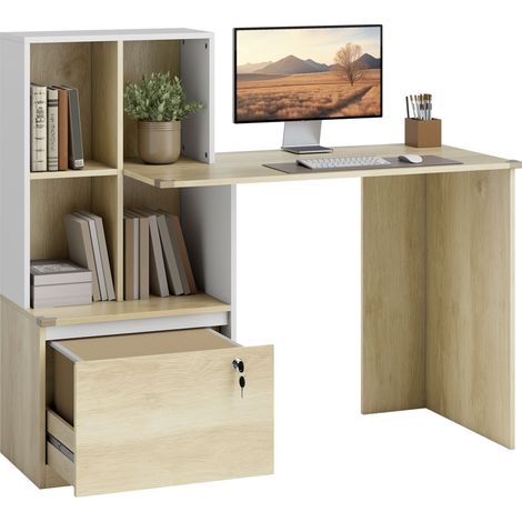 Bureau Eckhard avec tiroir sécurisé et étagères effet bois chêne blanc 126 cm (1/5)