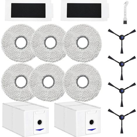Gli accessori per l'aspirapolvere robot ECOVACS DEEBOT T30 Pro Omni / T30 Omni includono 6 panni per la pulizia, 2 sacchetti per la polvere, 4 spazzole laterali e 2 filtri.