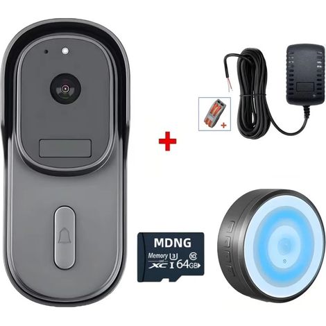 AUTRUCKER Sonnette vidéo Wi-Fi 1080p, caméra filaire, sans fil carte mémoire 64Go, détection de mouvement PIR compatible avec Alexa et Google Home Sans batterie (1/5)