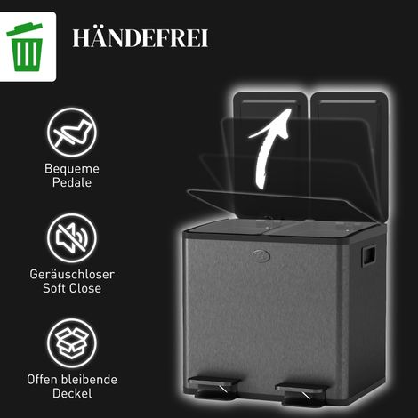 Poubelle double 15 L x2 avec pédale, ouverture facile, nettoyage rapide, acier inoxydable et plastique, noir, 2 compartiments (1/5)