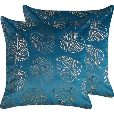 Dekokissen 2er Set DELICIOSA Samtstoff 45 x 45 cm Blau Pflanzenmuster (1/5)