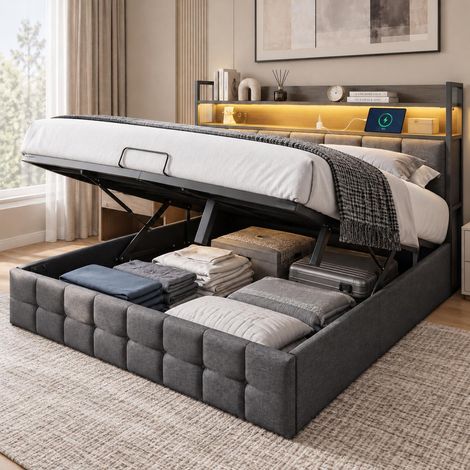 Polsterbett 140x190 cm mit Bettkasten hydraulisch, Stauraumbett mit RGB-LED und USB-C, Stauraum-Kopfteil, Leinenstoff, Grau (1/5)