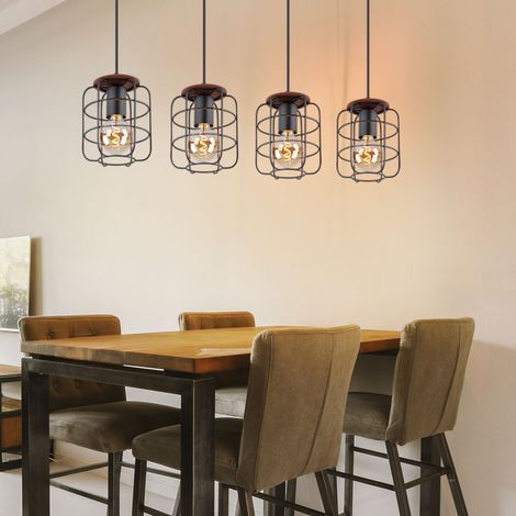 Lampe suspendue en bois, lampe de plafond, abat-jour cage, lampe de salle à manger noire, métal, 4 douilles E27, LxlxH 74x15x120 cm (1/4)