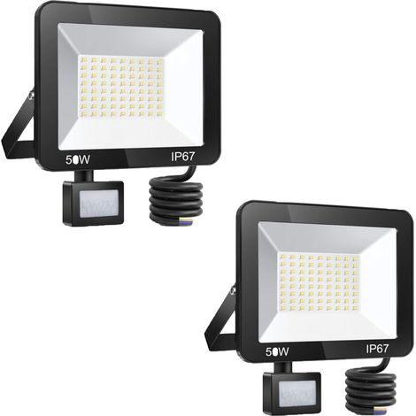 2 Stück 50W LED Außenstrahler Bewegungsmelder, IP67 Wasserdichter LED Strahler mit Sensor, 5000LM 7000K Kaltweiß Außenbeleuchtung, Außenlampe für Gartenterrasse Eingang - RWBewegungsmelder Flutlicht
