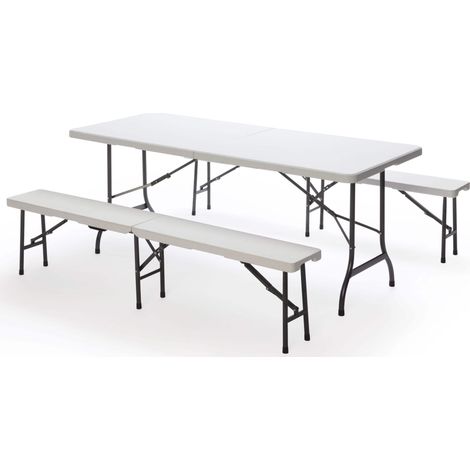 Set Birreria da Giardino Pieghevole in Ferro Tavolo 182x75 cm e 2 Panche Taddei Plastik Bianco (1/2)