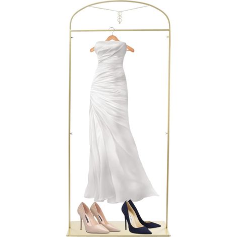 Appendiabiti in acciaio placcato oro da 2,3 m, appendiabiti per abiti da sposa con piedini regolabili, mensole per casa, matrimoni e negozi di abbigliamento. (1/5)