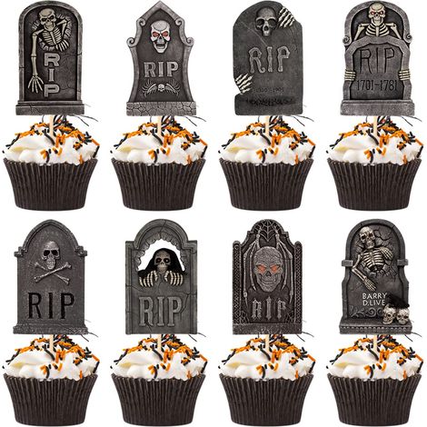 24 décorations pour cupcakes en forme de pierres tombales pour Halloween - 8 motifs de cimetière effrayants, bâtonnets décoratifs pour gâteaux et amuse-gueules, parfaits pour décorer les centres de ta (1/5)