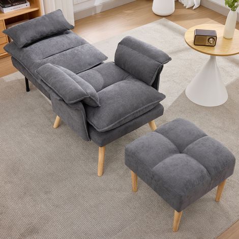 Poltrona relax 85/78,5/112 cm grigia in lino con poggiapiedi, schienale regolabile a 5 posizioni (1/5)