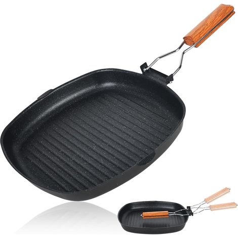 Poêle à Griller Induction Ondulé, 28 x 28 CM Poêle à Griller En Fonte, Grillpfanne Induktion mit Klappbarem Holzgriff, Poignée en Bois Pliable, Vitrocéramique, Gaz (1/5)