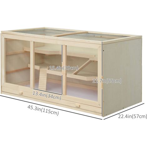 Cage en bois naturel pour hamster avec tiroir coulissant et plateau, cage pour hamster en bois avec façade transparente (1/5)
