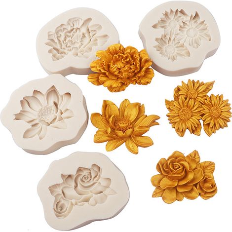 4Ensemble de moules à fondant parfumés en silicone en forme de fleur, idéal pour la décoration de gâteaux en fondant - beige-gris (1/5)