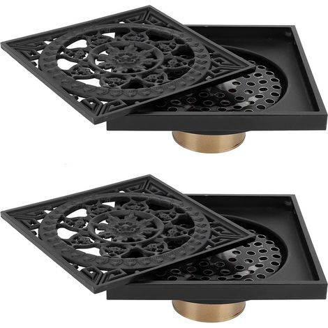Siphon de Sol Carré 10x10 cm en Cuivre - Drain de Douche Européen Rétro avec Couvercle Amovible pour Salle de Bain, Cuisine, Hôtel, Maison (Lot de 2)