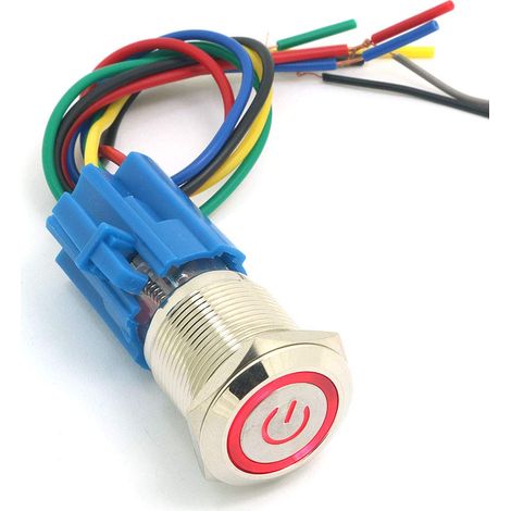 19 mm 12 V Momentan-Drucktastenschalter, Stromsymbol, Engelsauge, LED-Licht, Metall-Druckknopf mit Kabelstecker – Rot