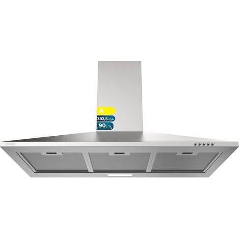 Campana extractora piramidal cecotec bolero flux pm 904000 inox a, 90cm de ancho, acabado acero inoxidable, motor dc, eficiencia energética clase a, 400 m³/h, luz led y filtros de carbono incluidos