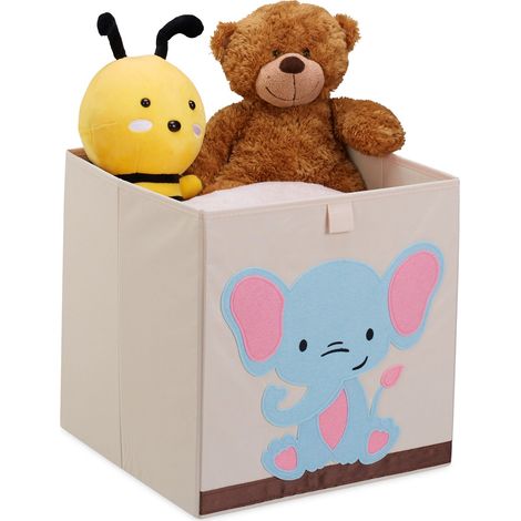 Relaxdays Toy Box, Children, Elephant Symbol, HxWxD: 33 x 33 x 33 cm, Clothes, Tidy, Foldup, Storage, Chest, Beige/Blue
