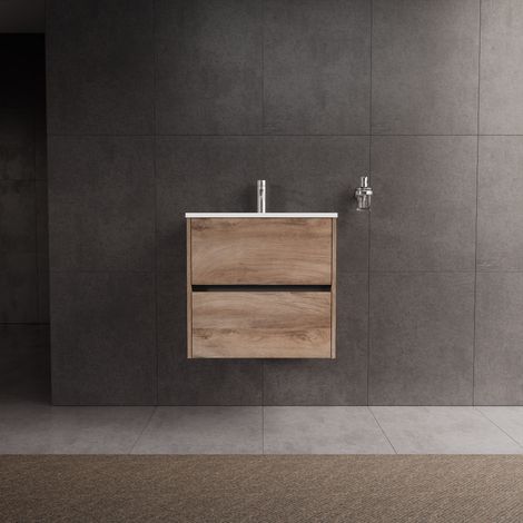 Inda - Badezimmerschrank 2 Schubladen L.60 mit glänzendem Waschbecken / Natureiche - Diamante