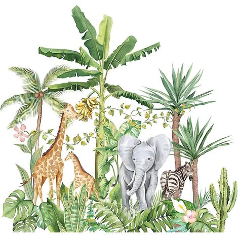 Stickers muraux animaux de la forêt tropicale (dessin animé) - Plantes vertes amovibles (lion, girafe, éléphant) - Décoration murale à faire soi-même - Décoration de fenêtre (1/5)
