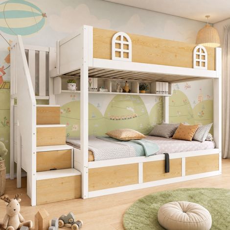 Litera infantil 90x200 cm con escalera de almacenaje, blanco y natural, con barandillas (1/5)