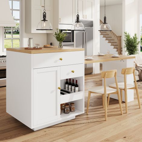 Îlot de cuisine multifonction (avec plateau extensible), dimensions 122,5–195,5 cm, disponible en noir ou blanc, capacité de charge de 60 kg. (1/5)