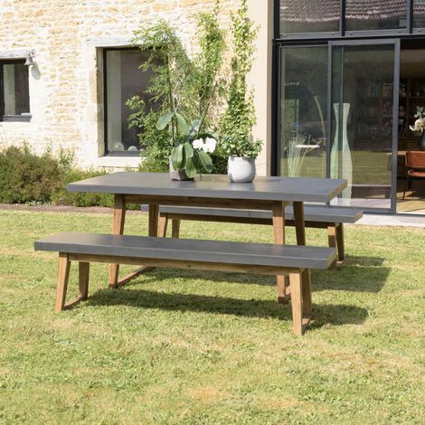 HECTOR - Ensemble de jardin béton, bois acacia table 18090cm et 2 bancs (1/5)
