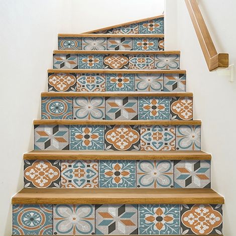 Lot de 3 Adhésifs Autocollants Contremarche Carreaux Ciment Orange 19,5x100cm, Effet Vrai Ciment. Décorez votre intérieur avec style et authenticité. (1/5)
