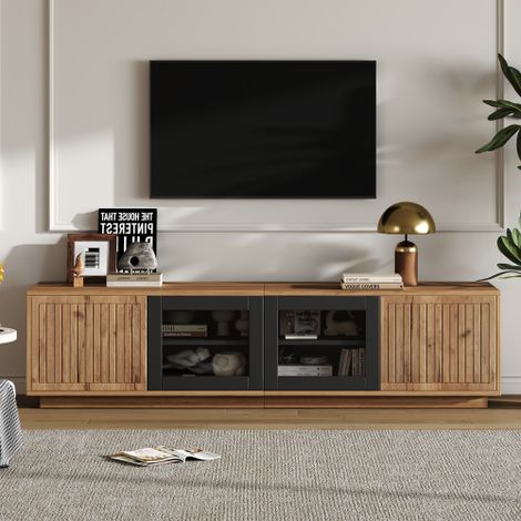 Meuble TV de salon - 180 x 40 x 45 cm - avec 4 portes + Leds - pour TV 75 pouces - aggloméré + verre - naturel et noir (1/5)