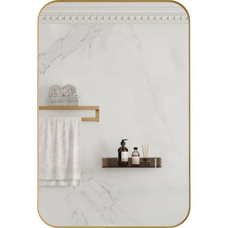 Armario con Espejo con 2 Estantes Regulables, Montaje en Pared o Empotrado, para Baño, de Metal y Vidrio, Dorado